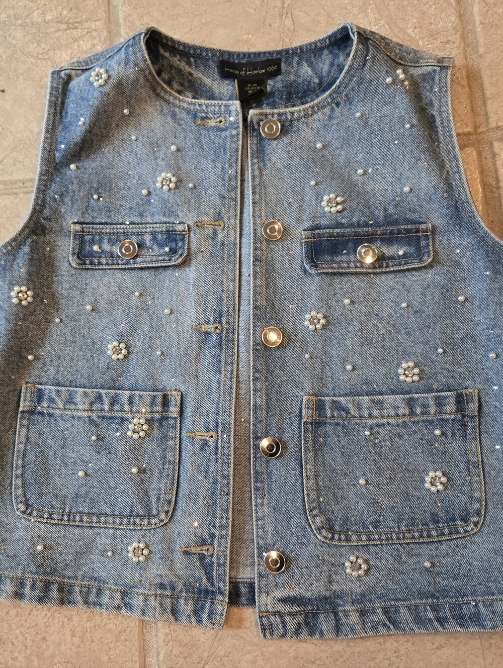 Sparkly Denim Vest XS House Of Harlow Pearls & Rhinestones